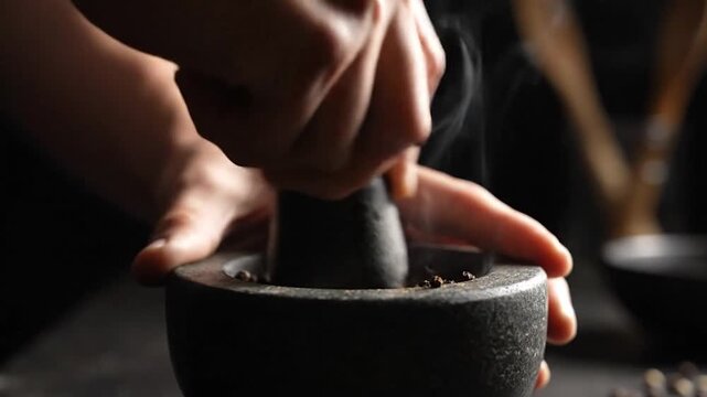 Mortar and pestle grinding spices close up