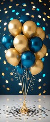 Elegant Blue and Gold Balloons with Confetti Celebration Background.