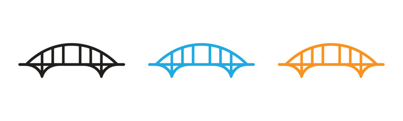 Vibrant bridge icons for modern logo design projects,Modern bridge icons in black, blue and orange colors,Iconic bridge designs in black, blue, and orange outline