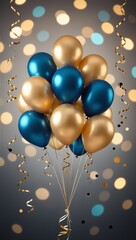 Elegant Blue and Gold Balloons with Confetti Celebration Background.
