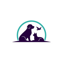 Stylized Dog, Cat, and Bird Silhouette Logo with Teal Arch
