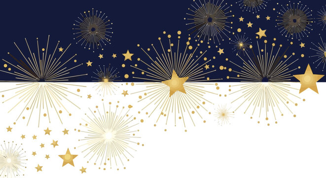 Elegant festive background with golden fireworks and sparkling stars, presented on a sophisticated dark blue and white split design, perfect for New Year celebrations and event invitations