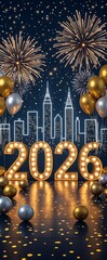 Happy New Year 2026 Celebration Fireworks and Balloons.
