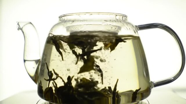 Brewing Loose Leaf Green Tea in a Clear Glass Teapot.