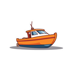 Cartoon fishing boat with orange hull and white background  