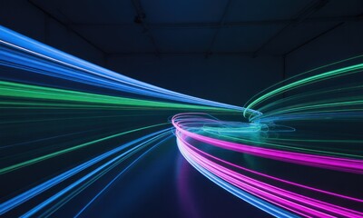 Abstract light trails spiral in dark space
