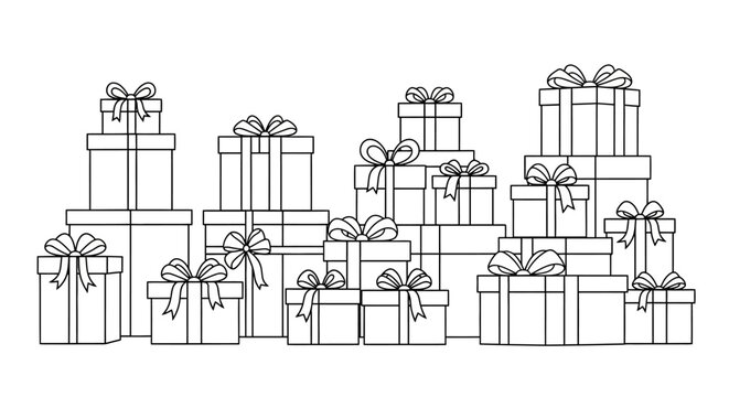 Vector graphic featuring assorted stacks of gift boxes with bows in a black outline style, white background
