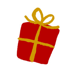手描き風の赤いプレゼントボックスと金色のリボンのイラスト｜クリスマスや誕生日のお祝いギフト素材
