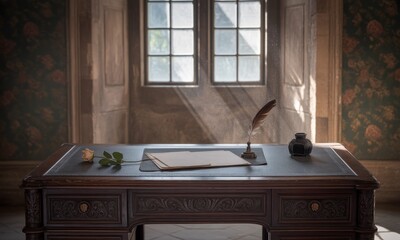 Antique desk, sunlight streaming through a window, quill pen, inkwell, and blank paper