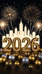 Happy New Year 2026 Celebration Fireworks and Balloons.
