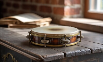 Antique tambourine rests on weathered wooden surface, in front of brick wall and open books