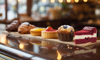 Assorted pastries arranged on a wooden board.  A selection of croissants, tarts, and cupcakes, including red velvet, sits on a light brown tray.  Blurred background shows cafe setting
