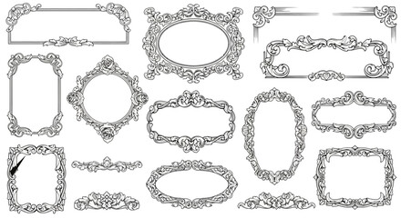 Set of decorative vintage frames and borders vector illustration, elegant ornaments for invitations and cards design, white background