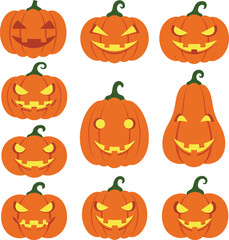Spooky halloween jack-o-lantern collection diverse faces festive orange pumpkins autumn celebration isolated on transparent background