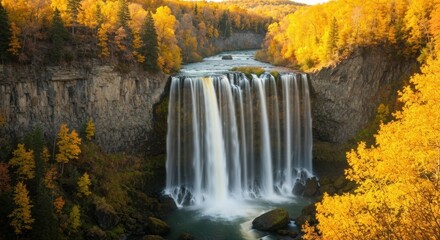 Autumn waterfall cascading down rocky cliffs, framed by vibrant yellow foliage