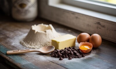 Baking ingredients arranged on a rustic wooden surface, featuring flour, butter, eggs, and chocolate chips.  A wooden spoon rests beside the ingredients