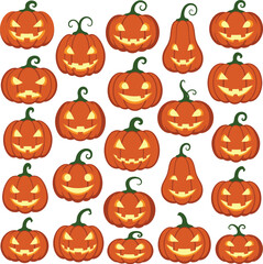 Collection of 25 spooky jack-o'-lanterns ready for halloween night celebrations isolated on transparent background