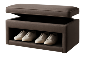 Shoe storage ottoman with a concealed compartment for stylish living room organization.