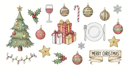 Hand-drawn Christmas festive elements featuring tree, gifts, ornaments, dinnerware and decorations, white background