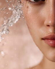 Closeup of Elegant Face with Soft Water Splash in a Basin