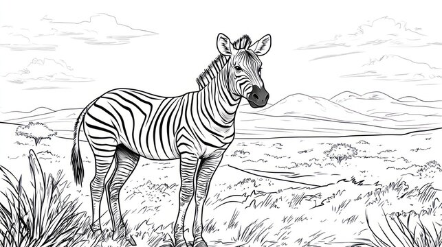 Zebra standing savanna, mountains background, sketch, wildlife illustration