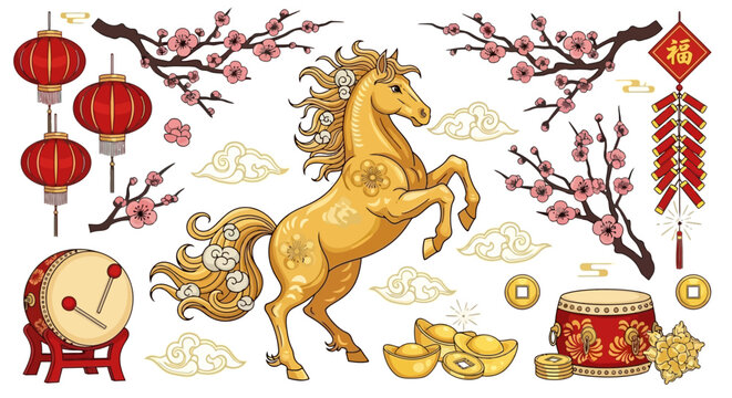 Golden Horse illustration with Chinese New Year decorations and traditional symbols