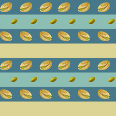 Seamless pattern of pistachios painted in watercolor on a light yellow and turquoise background