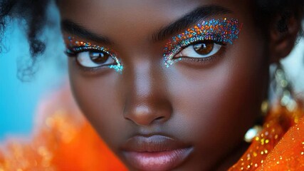 Close-up portrait of a woman with glitter applied to her eyelids - Powered by Adobe