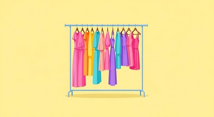 Pastel Dresses on a Clothing Rack Against a Yellow Background
