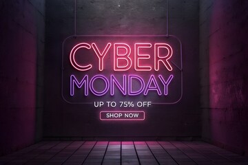 Cyber monday neon sign advertising sale up to 75% off on transparent background