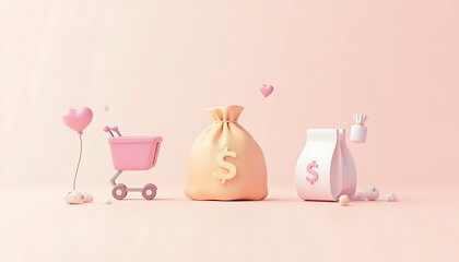 Pastel Shopping Cart, Money Bags, and Floating Hearts on Pink Background