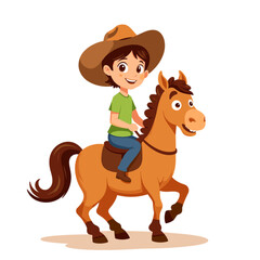 Young boy riding happy horse while wearing cowboy hat  