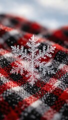 Crystal Snowflake Macro on Red and Black Winter Fabric.