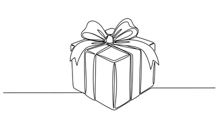 A single continuous line drawing of a present with a bow, white background