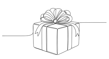 A single continuous line drawing of a present with a bow, white background