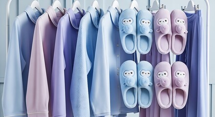 Pastel-Colored Pajamas and Slippers on a White Rack