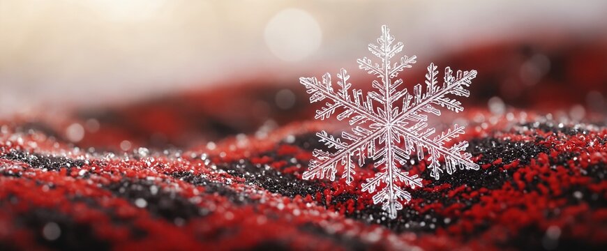 Crystal Snowflake Macro on Red and Black Winter Fabric.
