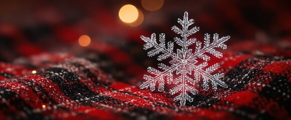 Crystal Snowflake Macro on Red and Black Winter Fabric.