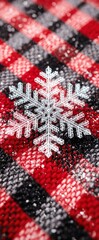 Crystal Snowflake Macro on Red and Black Winter Fabric.