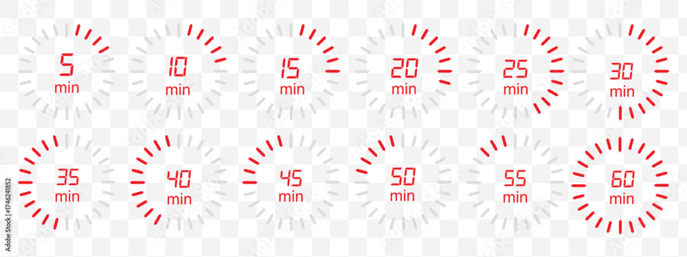 Wall mural digital countdown timer icons from 5 to 60 second, circular progress bars in blue, vector design set