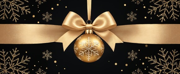 Elegant Golden Christmas Ornament with Bow on Black Background.