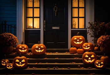 Obraz premium Illustration Halloween night scene with carved pumpkins glowing on a doorstep