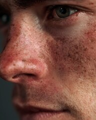 Obraz premium The man's cheeks are white, with faint freckles and sidelights.