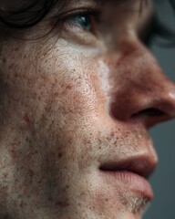 Obraz premium The man's cheeks are white, with faint freckles and sidelights.