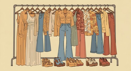 Retro Fashion Clothing Rack Illustration with Platform Shoes
