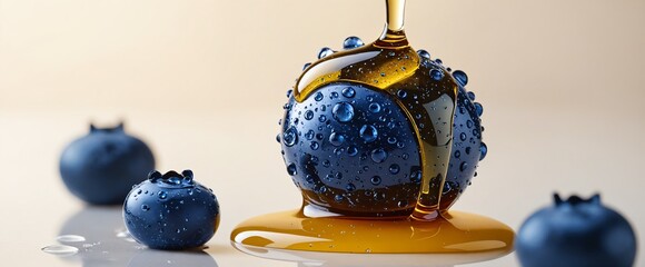 Golden Honey Dripping on Glossy Blue Fruit Macro Photography.