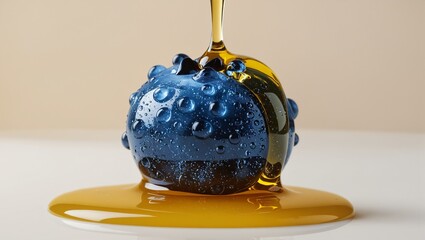 Golden Honey Dripping on Glossy Blue Fruit Macro Photography.