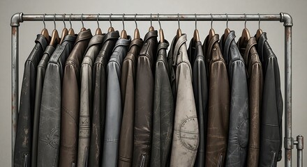 Rustic Metal Rack Displaying Vintage Leather Jackets