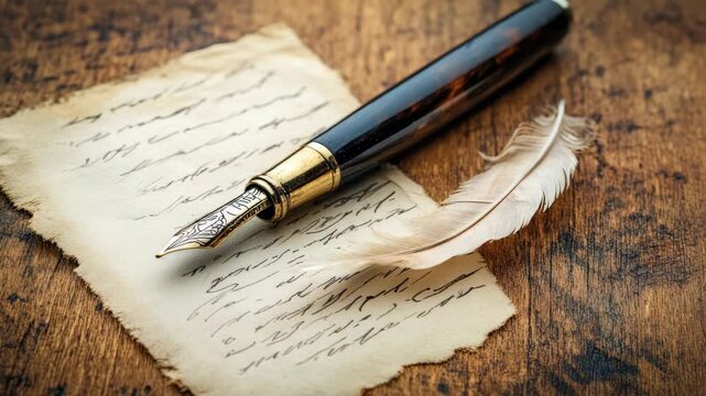 Vintage fountain pen and old paper with handwritten text beside feather on wooden table