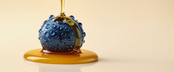Golden Honey Dripping on Glossy Blue Fruit Macro Photography.